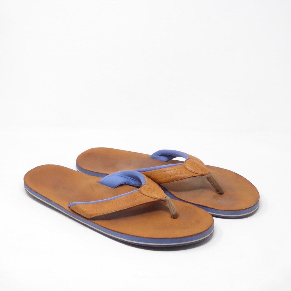 Peter Millar x Hari Mari Mens Flip Flop Sandals Brown Leather Blue Trim Size 14